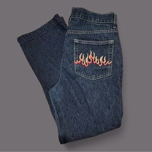 Vintage 90’s/Y2K Anchor Blue Relaxed Fit Jeans with Flame Design Skater Size 9